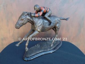 Down the Stretch, horse racing bronze sculpture of jockey and running thoroughbred