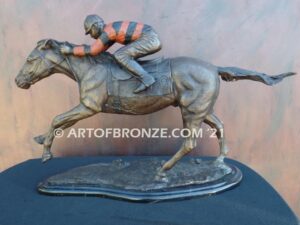 Down the Stretch, horse racing bronze sculpture of jockey and running thoroughbred