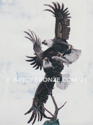 Fish Thieves bronze sculpture of monumental eagles fighting over captured salmon