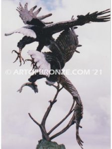 Fish Thieves bronze sculpture of monumental eagles fighting over captured salmon