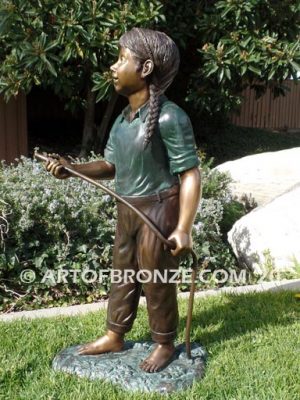 Garden Help bronze sculpture of standing girl with watering hose