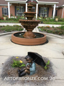 Summer Breeze bronze garden sculpture of cute young girl in the sun with umbrella