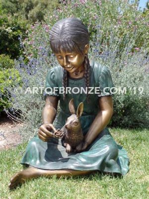 Feeding My Rabbit Bronze Statue girl holding pet rabbit