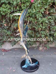 Double Surprise bronze sport fishing fine art gallery sculpture of sailfish, marlin and swordfish