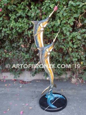 Double Surprise bronze sport fishing fine art gallery sculpture of sailfish, marlin and swordfish