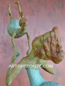 Maternidad bronze gallery sculpture of mother swinging daughter on steel pedestal