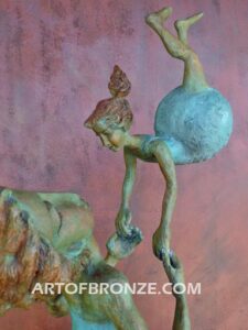 Maternidad bronze gallery sculpture of mother swinging daughter on steel pedestal