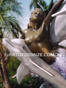 Neptunes Delight Bronze sculpture of mermaid swimming with dolphins for pool or water feature