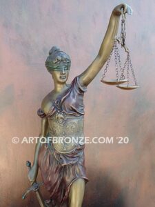 Blind Justice monumental bronze sculpture of Lady Justice holding scales for law firm or lawyers office