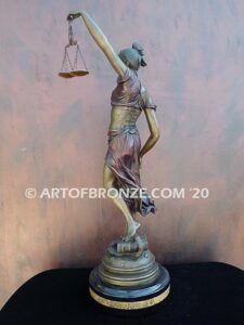 Blind Justice monumental bronze sculpture of Lady Justice holding scales for law firm or lawyers office