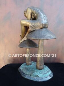 Enchanted Mushroom fairy tale & fantasy bronze statue of beautiful woman sitting on mushrooms