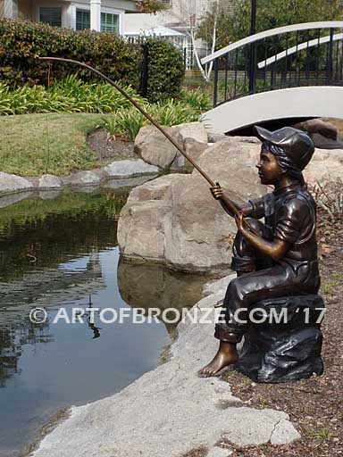 Gone Fish'n - Outdoor Girl Fishing Bronze Statue - Art of Bronze