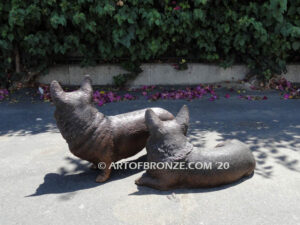 Cardigan Duo gallery quality custom bronze sculpted statue of sitting and standing cardi dogs