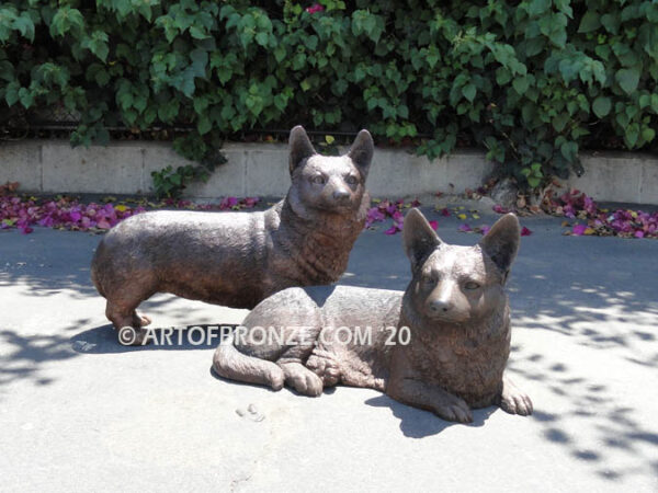 Cardigan Duo gallery quality custom bronze sculpted statue of sitting and standing cardi dogs