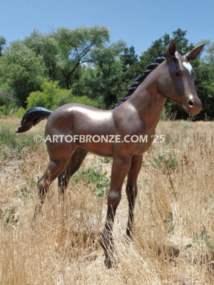 Chanel bronze statue of standing foal horse for ranch or equestrian center