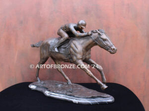 Down the Stretch, horse racing bronze sculpture of jockey and running thoroughbred