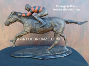 Down the Stretch, horse racing bronze sculpture of jockey and running thoroughbred