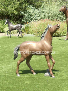 Frolicking colt bronze statue of standing foal horse for ranch or equestrian center