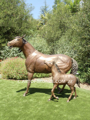 Hearts Forever bronze sculpture of standing mare and running foal horse for ranch, shopping center or equestrian center