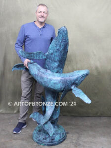 Breaching marine art bronze sculpture humpback whale for pool ocean decor