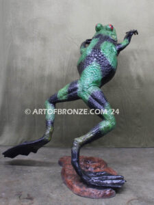 King of the Pond giant leaping frog bronze statue monument with big, webbed toes and eyes