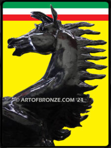 Legendary outdoor monumental sculpture of rearing stallion horse inspired after car racing legend