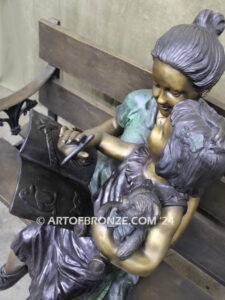 Mom Knows Best Bronze sculpture of little girl sitting on moms lap being read a book