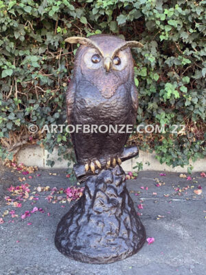 Moonlight Guardian whimsical giant bronze owl statue resting on branch