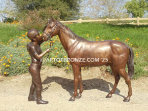 My Love outdoor bronze statue of young equestrian girl petting her pony horse