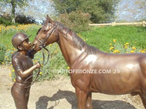 My Love outdoor bronze statue of young equestrian girl petting her pony horse