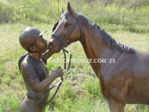 My Love outdoor bronze statue of young equestrian girl petting her pony horse