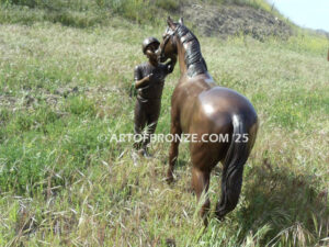 My Love outdoor bronze statue of young equestrian girl petting her pony horse