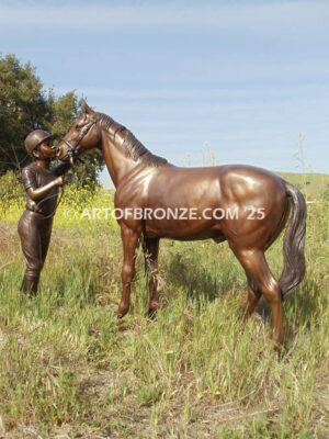 My Love outdoor bronze statue of young equestrian girl petting her pony horse