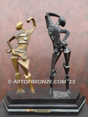 Night and Day Salvador Dali inspired bronze statue of two figures with watches/clocks on their chest
