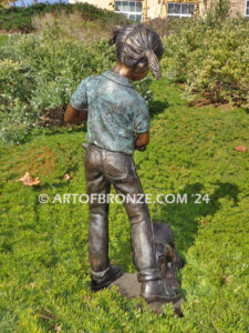 Play with me too charming bronze statue of girl playing with puppy dogs