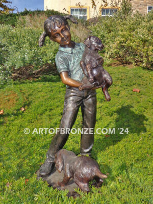 Play with me too charming bronze statue of girl playing with puppy dogs