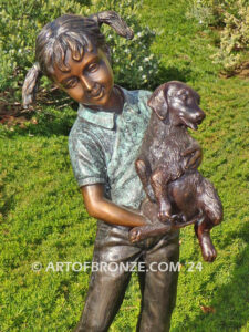 Play with me too charming bronze statue of girl playing with puppy dogs