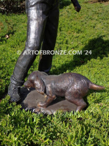 Play with me too charming bronze statue of girl playing with puppy dogs