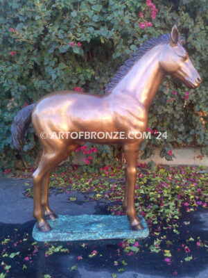 Precious bronze sculpture of standing foal, filly, colt and yearling horse for ranch or equestrian center