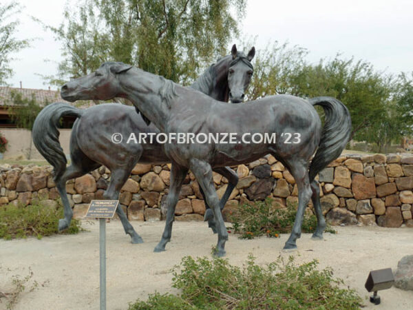 Romance bronze sculpture of standing mare and running colt horse for Griffin Ranch in La Quinta, CA