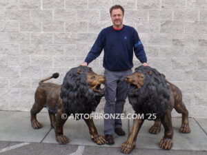 Serengeti Kings high quality cast bronze statue pair of roaring lions