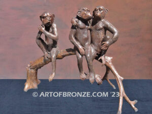 Threes a crowd whimsical bronze statue of three monkeys sitting on bronze bench