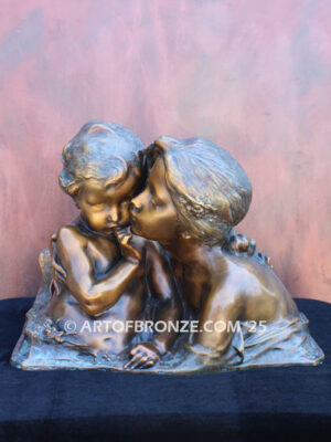 Big Sister nouveau style bronze bust sculpture of big sister and brother after Henri Pernot