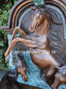 Trilogy bronze cast heroic size outdoor wall fountain of three majestic horses