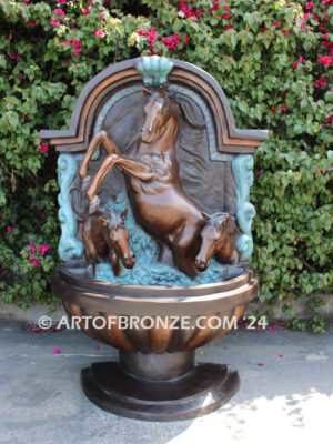 Trilogy bronze cast heroic size outdoor wall fountain of three majestic horses