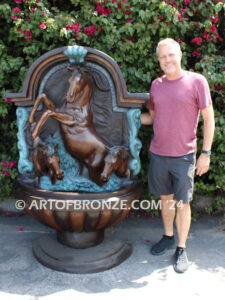 Trilogy bronze cast heroic size outdoor wall fountain of three majestic horses