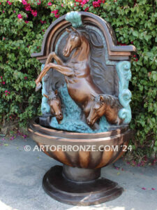 Trilogy bronze cast heroic size outdoor wall fountain of three majestic horses