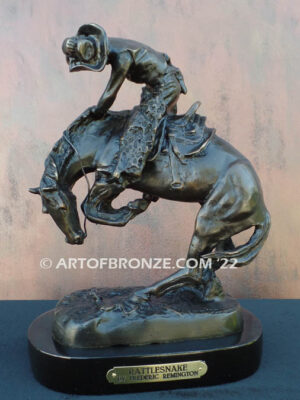 Rattlesnake bronze statue cowboy on bucking horse after Frederic Remington