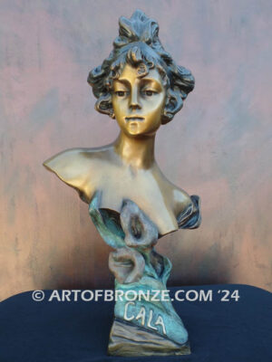 Cala nouveau style bronze bust sculpture of female with Calla Lilly flowers