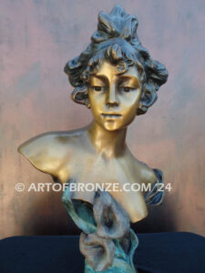 Cala nouveau style bronze bust sculpture of female with Calla Lilly flowers